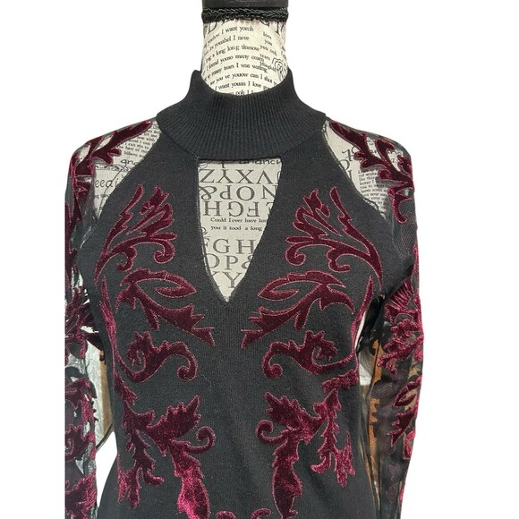 INC International Concepts Velvet Flocked Mesh Black Sweater Women's Large Goth - Picture 2 of 8